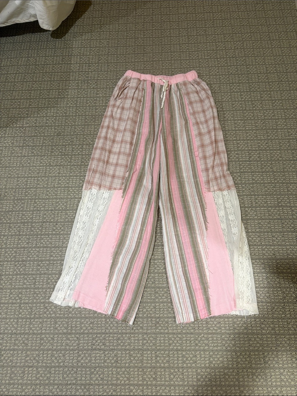 🔥055 Pol Wide Leg Plaid Lace Color Block Pink Striped Pants